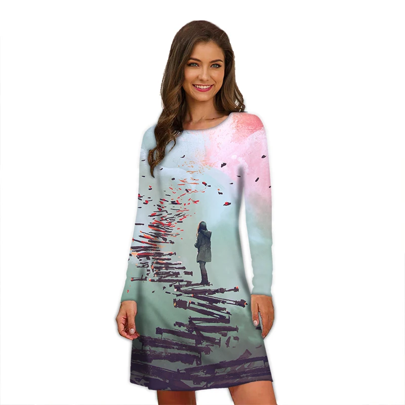 Vintage Tie Dye Splash-Ink Dresses For Women Clothing Oversized Autumn Long Sleeve O-Neck Loose Dress Streetwear Hip Hop Dress