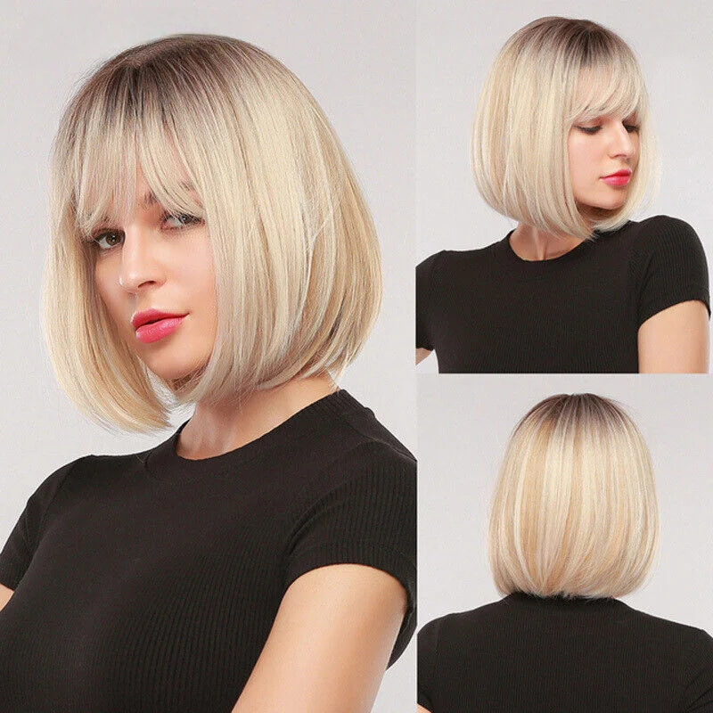 

Short Straight Bob Synthetic Hair Black Roots Blonde Wigs with Bangs for Women Synthetic