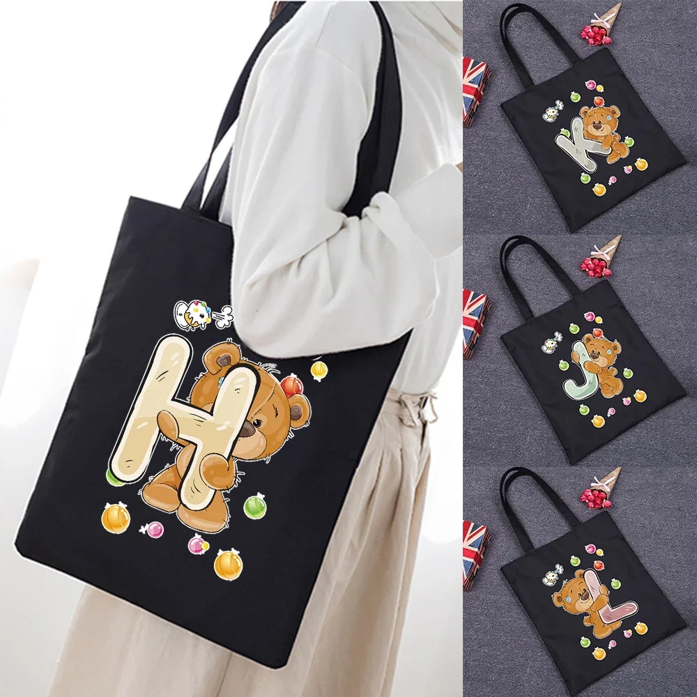 

Ladies Canvas Shopping Bag Harajuku Large Capacity Women Totes Cute Bear Pattern Handbag Classic Vintage Folding Shoulder bag