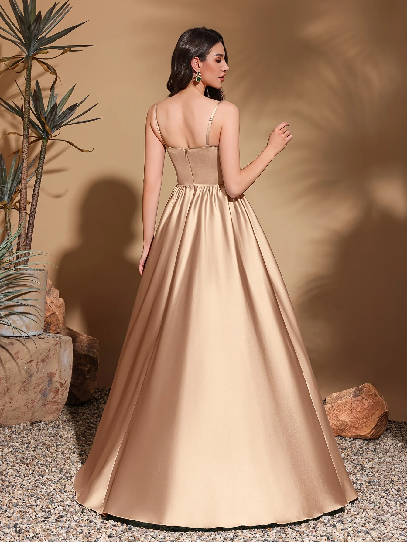 Strapless Chest Pleated Satin High Waist Floor-Length Gown, Women's Long Dress, Party Dress