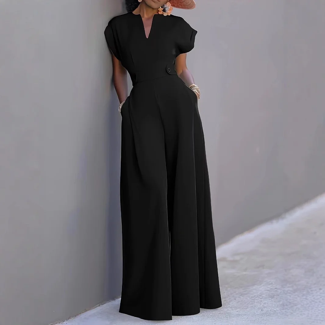 Women Solid Color Wide Leg Jumpsuits 2025 New Arrival Summer Cap Sleeves Loose Fashion Casual Modern Girls One-piece Pants