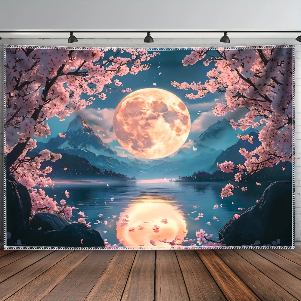1 piece of peaceful cherry blossom and moon tapestry with starry sky and mountain view, a beautiful decoration for bedroom