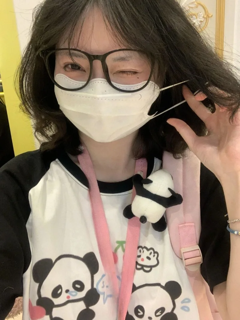 Kimotimo Cute Cartoon Panda Print T Shirt Women Japanese Sweet Patchwork Short Sleeve Loose Tops Summer Vintage Y2k Casual Tees