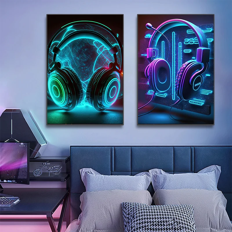 Pop 80S Live Music Neon Punk Poster Aesthetics Dj Guitar Karaoke Headphones Canvas Painting Wall Art Picture for Home Room Decor