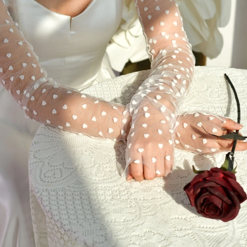  Long Sleeve Fingerless Heart White Gloves for Women and Girl Party Supply