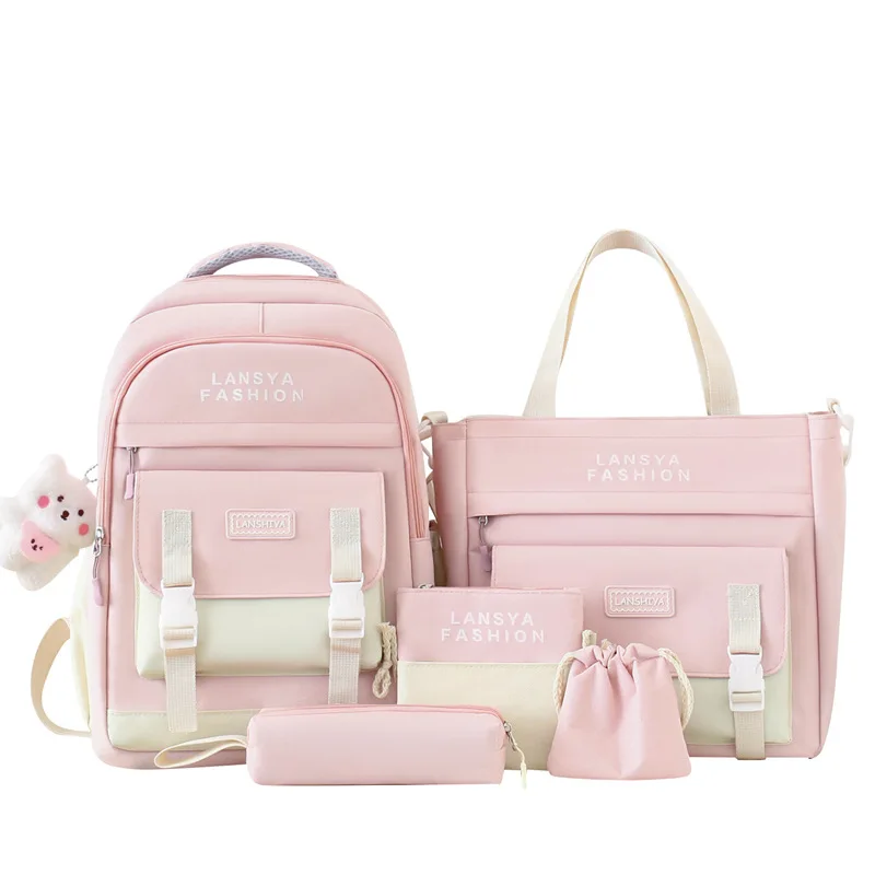 5Pcs/set Backpack For Student School Bags For Girls Teenager Schoolbag Kawaii Book Bags Pencil Case Women Travel Backpack Tote