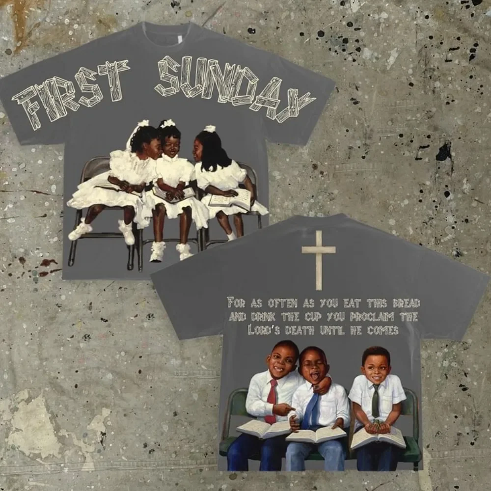 Vintage Children First Sunday Print Graphic Cotton T-Shirt Men Y2K Short Sleeves Vintage Oversize Tshirt Streetwear Women Tops image 5