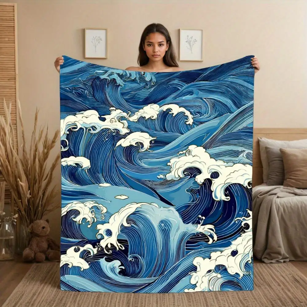 1pc Turquoise and white wave pattern blanket, suitable for sofas, beds, travel, camping - machine washable.