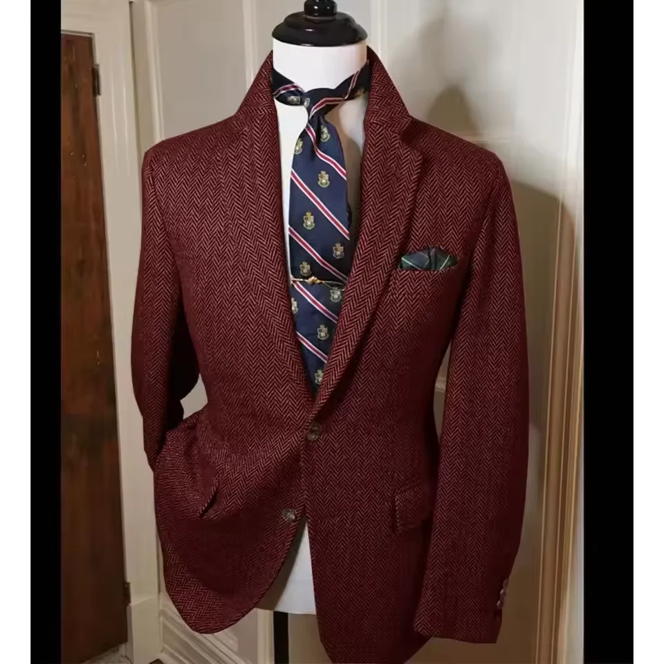 เสื้อเบลเซอร์ผู้ชาย ลายก้างปลา กระดุมแถวเดียว สไตล์ลำลอง ทรงเข้ารูป สวมใส่สบาย ปกเสื้อแบบปกเชิ้ต เสื้อคลุม กางเกง ระบายอากาศได้ดี เหมาะสำหรับธุรกิจ ขายดี