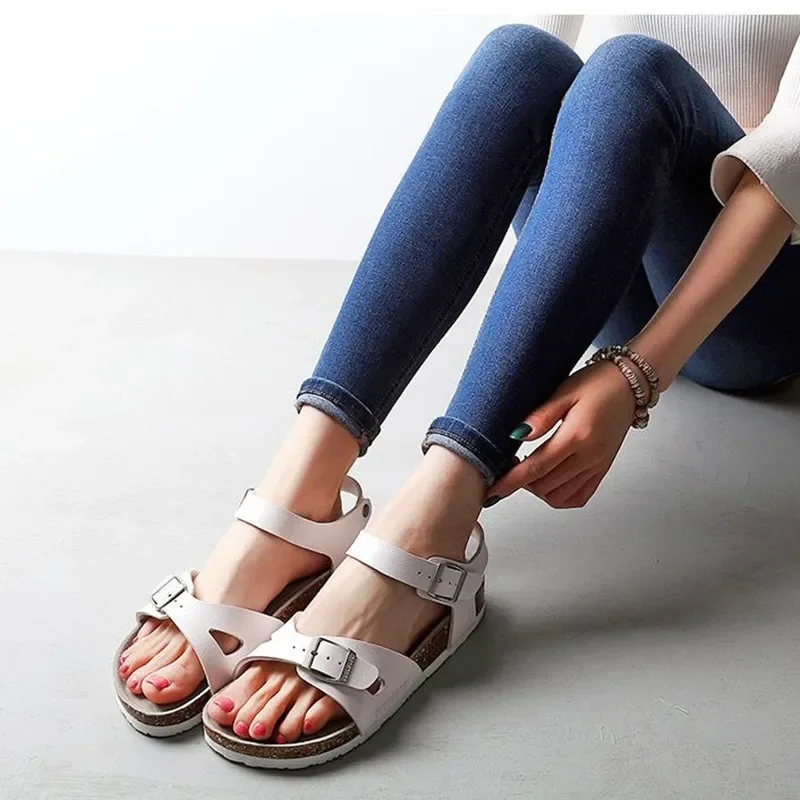 2024 New Summer Beach Cork Sandals Casual Women Outside Non-slip Double Buckle Sandalias Shoe