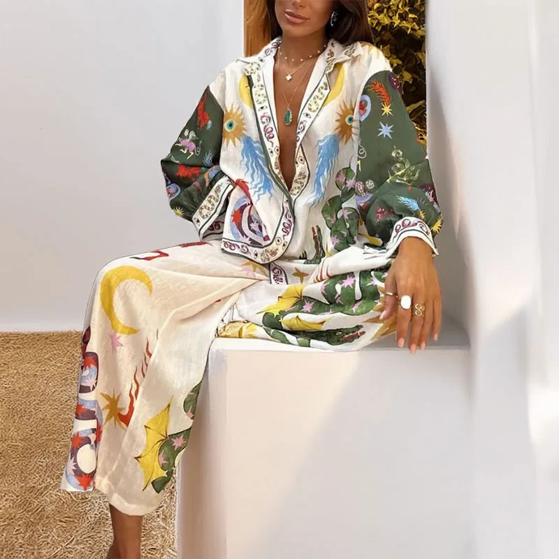 

Personalized Printed Macaron Linen Long Sleeved Shirt Set Fashionable And Unique Clothing
