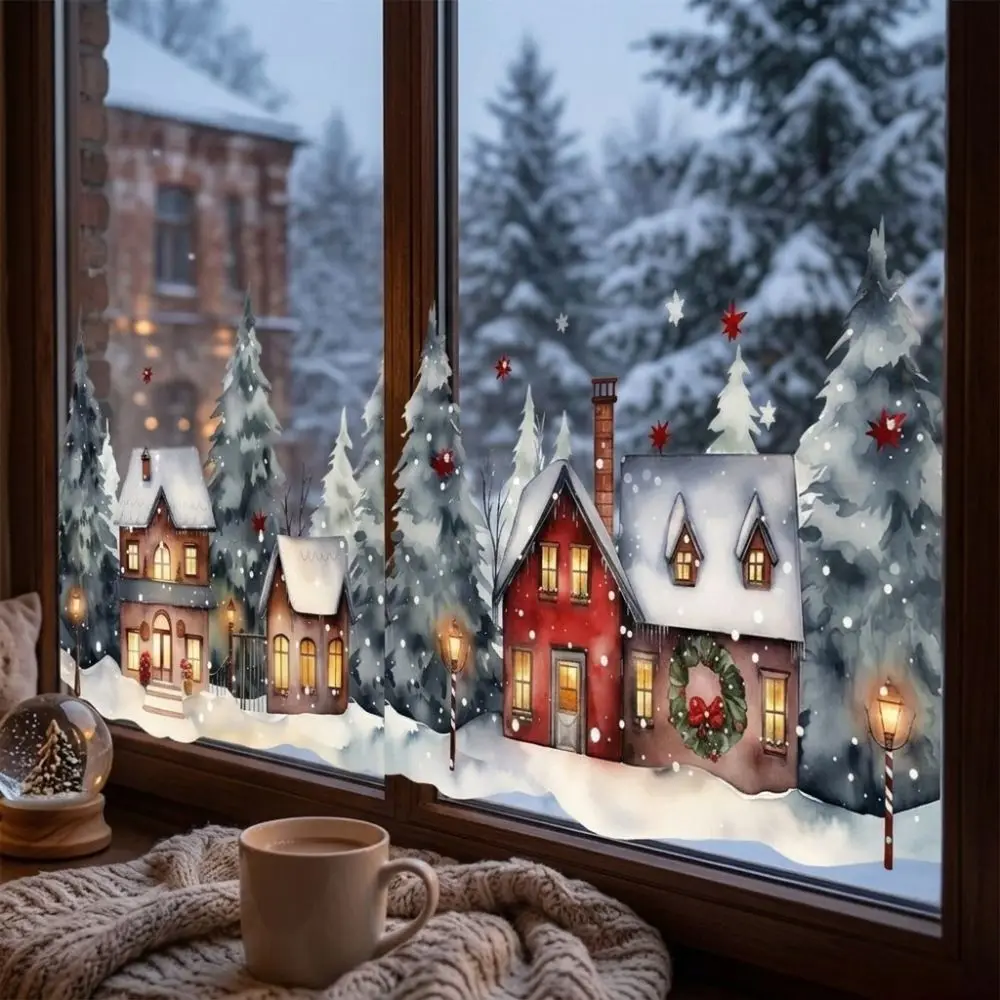 Watercolor Style Christmas Village Window Stickers Static Adhesive Vivid Color Snowy Town Window Cling 2D Flat Pattern PVC