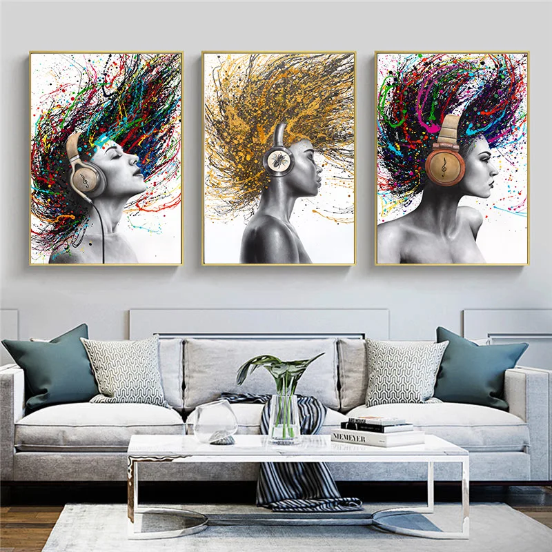 Harrison Graffiti Art Watercolor Hair Women Earphones Abstract Posters and Prints Lion Figure Canvas Painting Artists Work Deocr