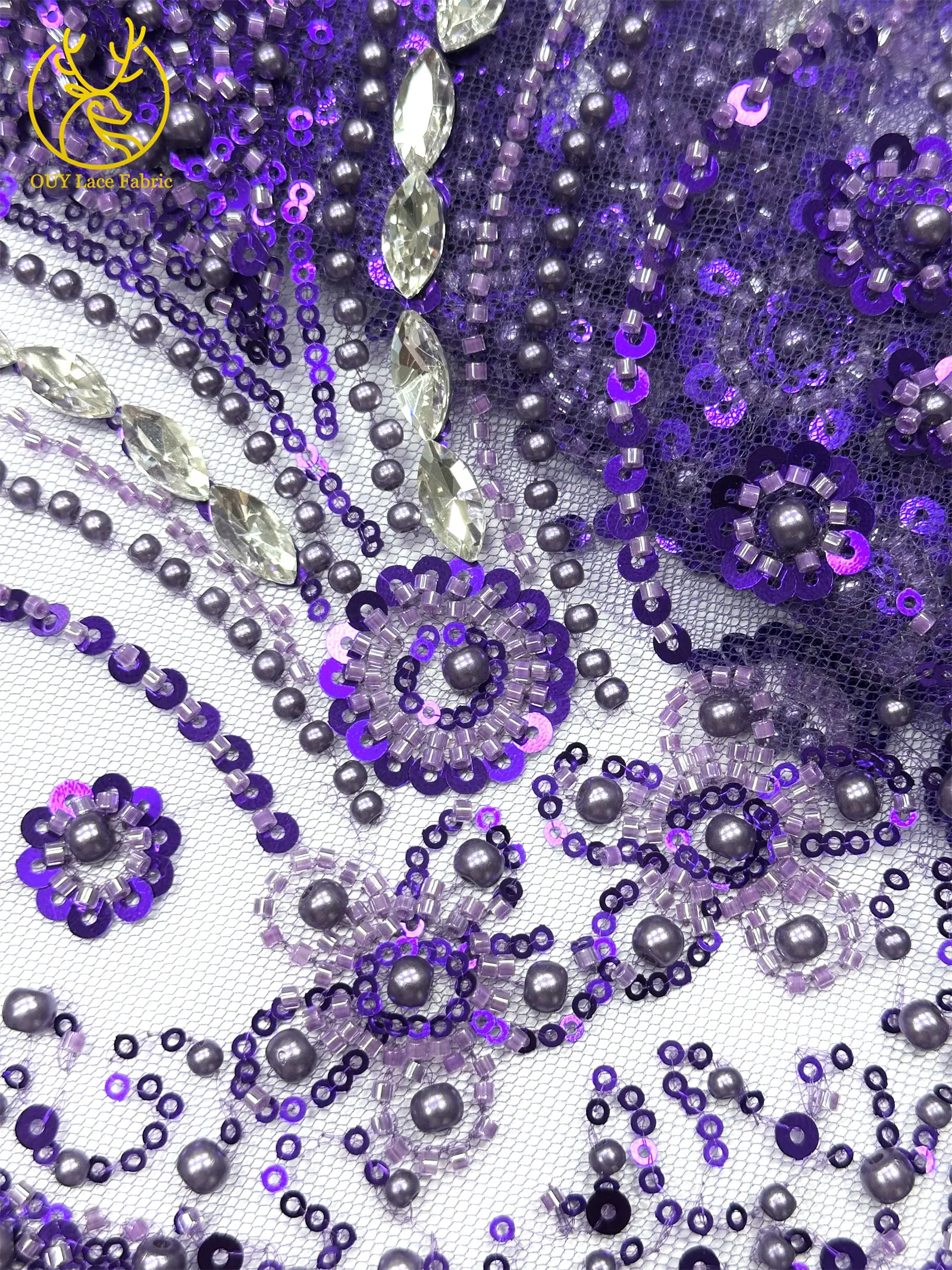 Luxuriöser königlicher lila afrikanischer handgefertigter Perlen-Spitzenstoff, französischer Pailletten-Stein-Tüll-Spitzenstoff für Hochzeitskleid-Design – Detail 31