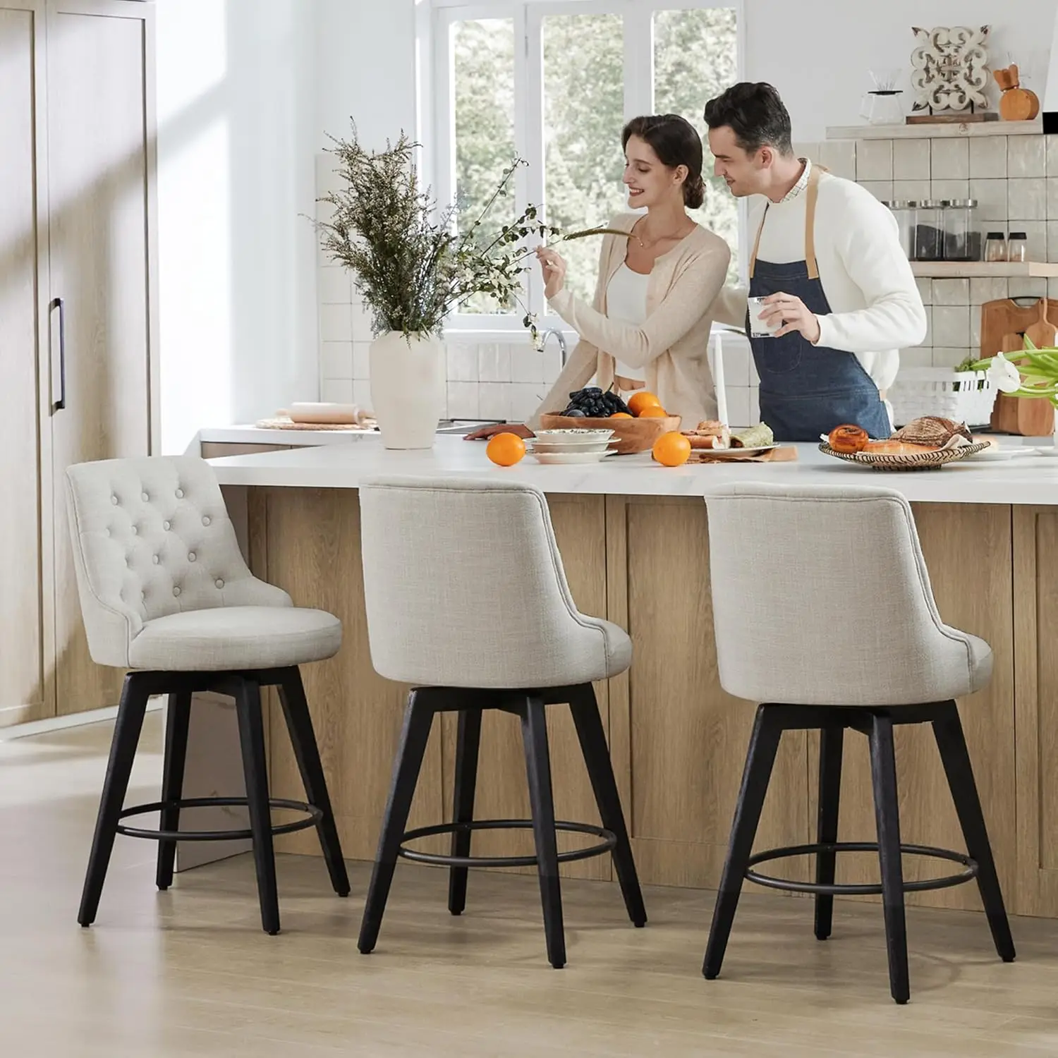 Watson & Whitely Modern Swivel Bar Stools, Performance Fabric Upholstered Counter Height Bar Stools with Back, Solid Wood Legs,