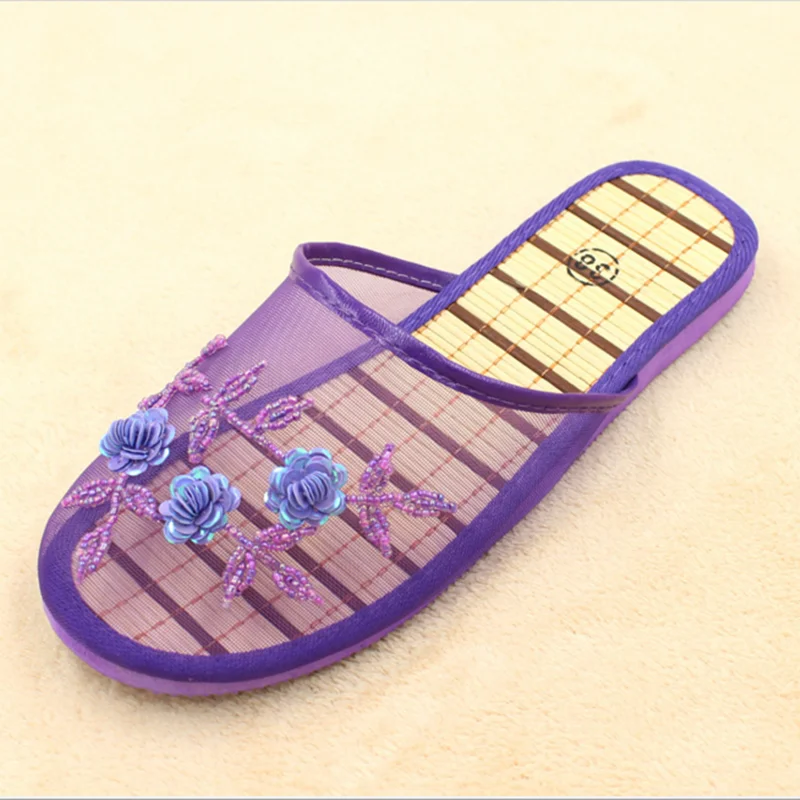 Zapatillas de tacón plano de malla para mujer, moda de verano para interiores, cuatro estaciones