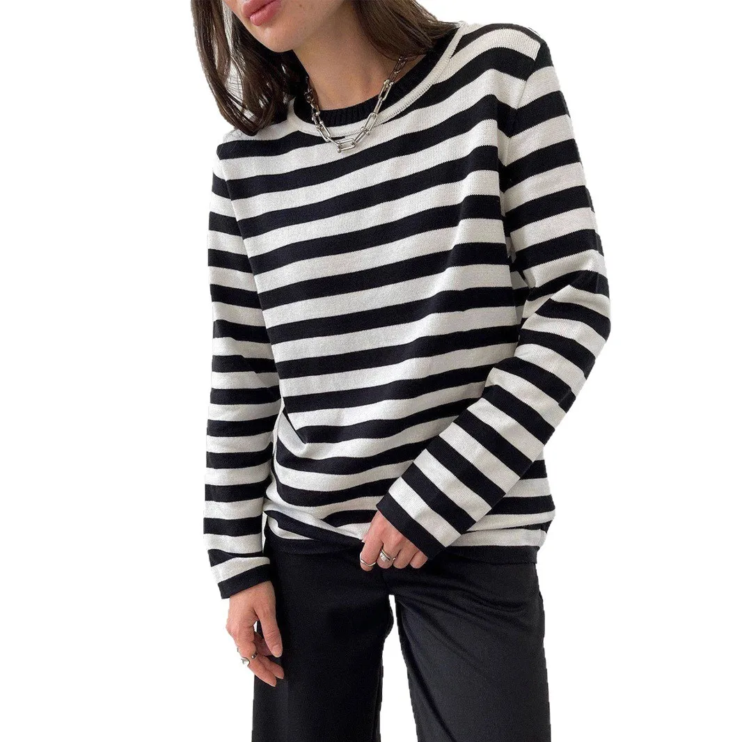 Women's Spring Autumn Round Neck Knitted Striped Sweater Pullover