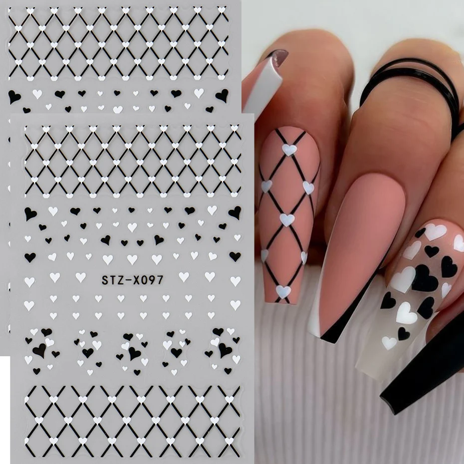 ملصقات أظافر على شكل قلب أسود وأبيض لتزيين فن الأظافر، تصميم لامع على شكل قلب ونجمة لجماليات الأظافر