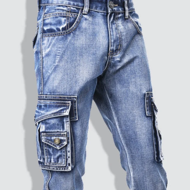 Calças cortadas jeans masculinas com vários bolsos, shorts soltos de perna reta, calças casuais lavadas e usadas