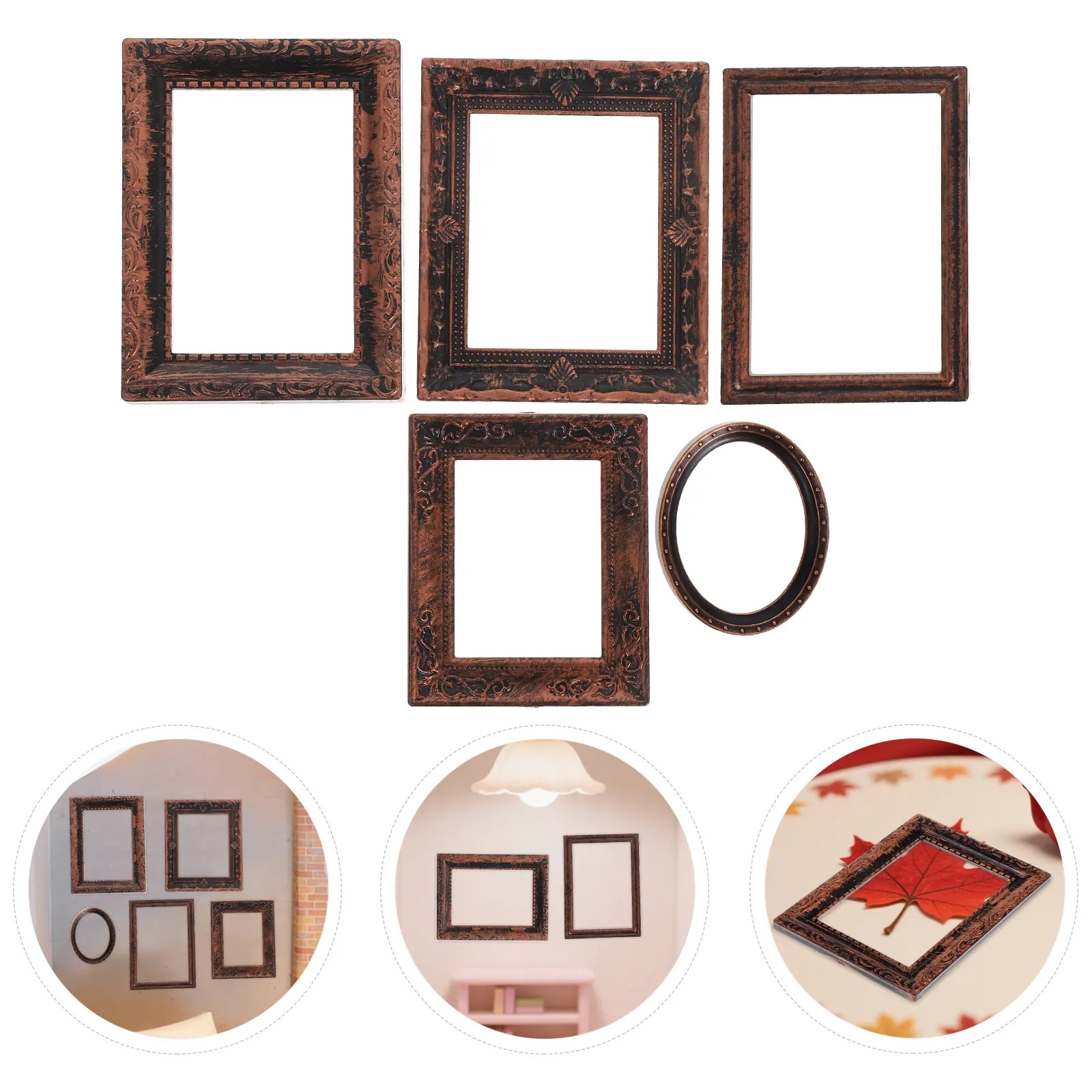 

5Pcs Tiny Vintage Photo Frames Miniature Bronze 1:12 Scale Mini Picture Frames Dollhouse Decoration Accessories Retro Craft
