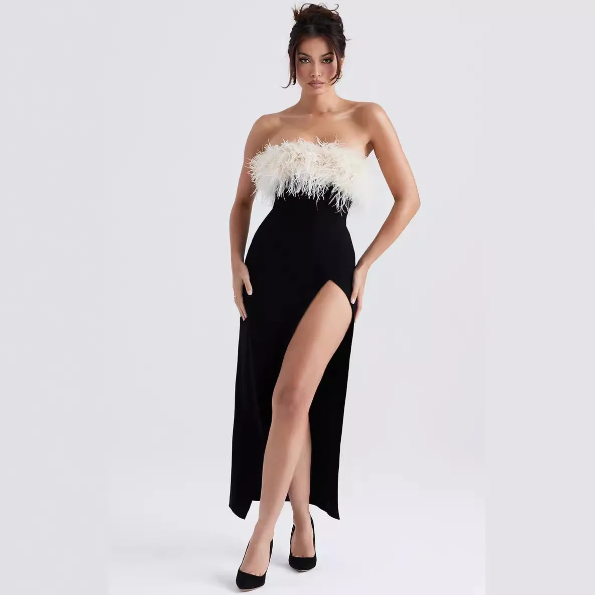 

Sexy Fur Trim High Slit Strapless Backless Midi Dress Women Sleeveless Feathers Details Bodycon Bandage Cocktail Party Dress