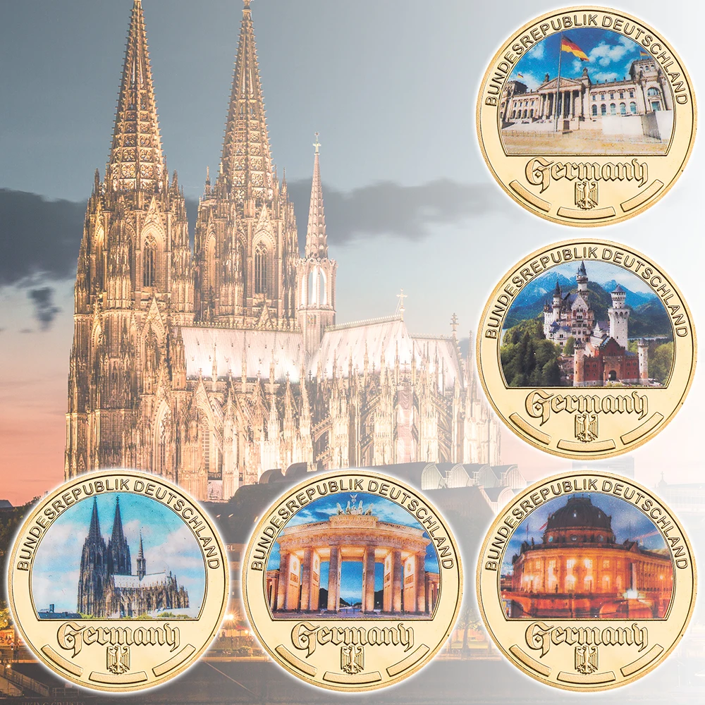 5pcs Famous German Architecture Golden Commemorative Coins European Tourist Attractions Collectible Coin Gifts for Kids Men