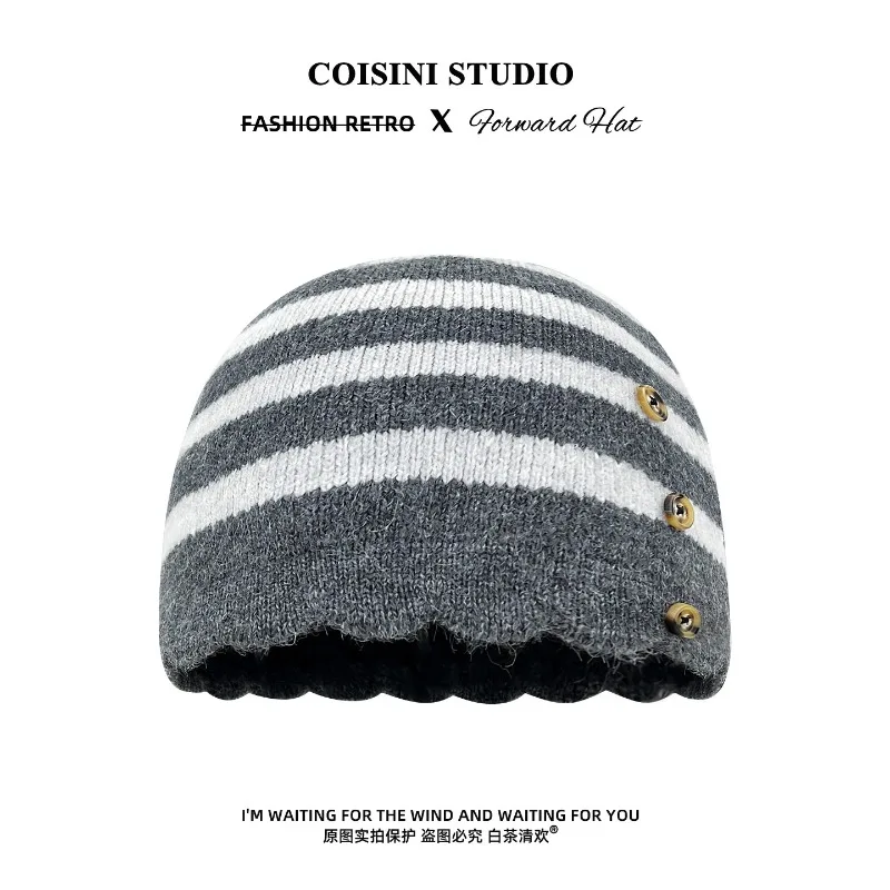 Japanese Autumn and Winter Striped Color Blocked Button Design Knitted Hat Outdoor Warm Fashion Dome Skull Beanie Cap Women