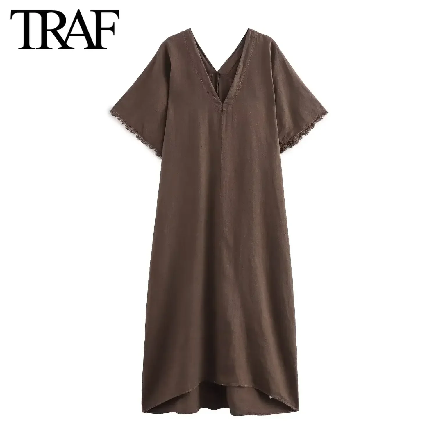 TRAF Women Fashion Summer New Rough Edge Loose Linen Blend Short Sleeve V-neck Vintage Dress France Chic Female Evening Mujer