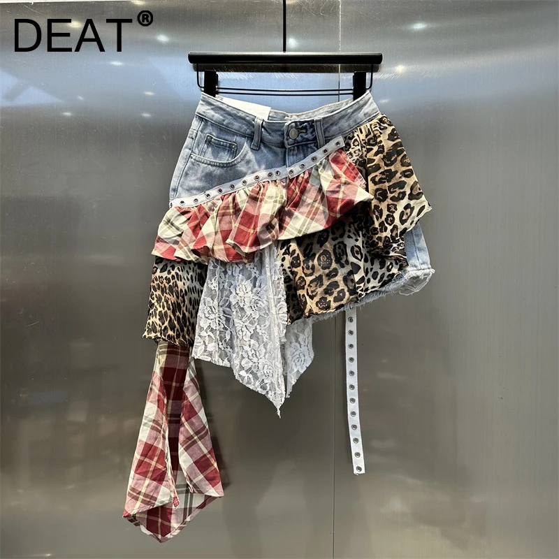 DEAT Women's Fashion Irregular Leopard Denim Patchwork Plaid Short Skirts Spring New Trendy Lace A-line Skirt Female 11A02493