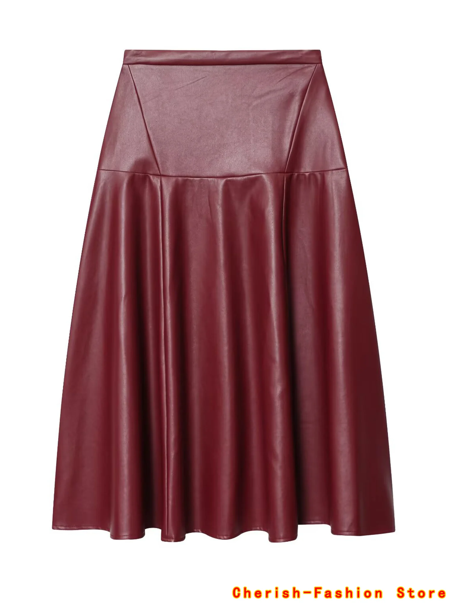 Autumn Winter High Waist Wine Red PU Leather Women's Ruffles Long Skirt Brand 2025 New Vintage Straight A-line Skirts Female Hot