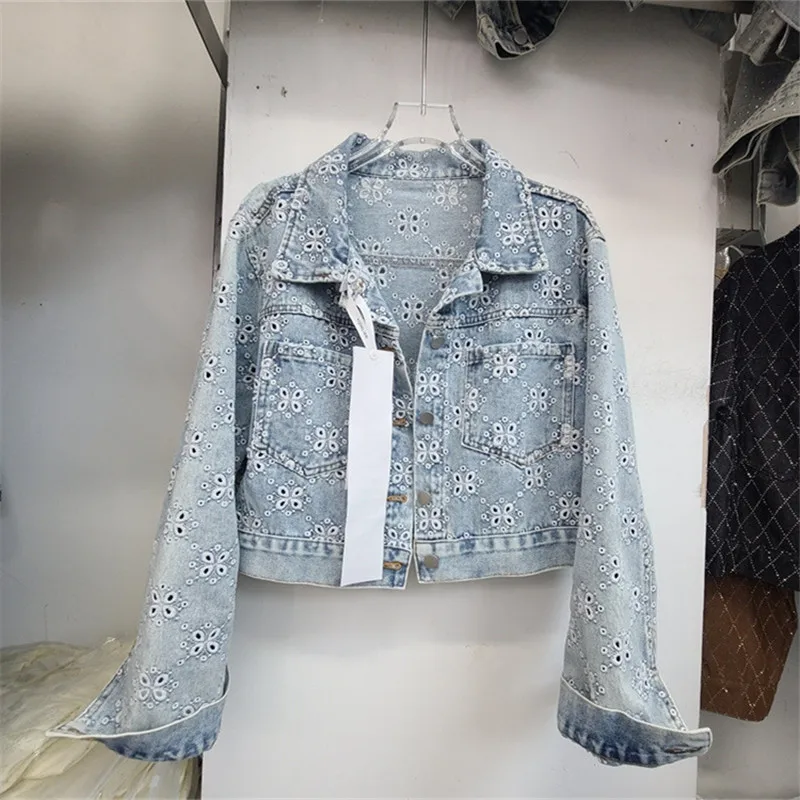 Heavy Work Hollow Out Embroidery High Waist Short Denim Jacket Big Pocket Lapel Single-Breasted Long Sleeve Female Jeans Jackets