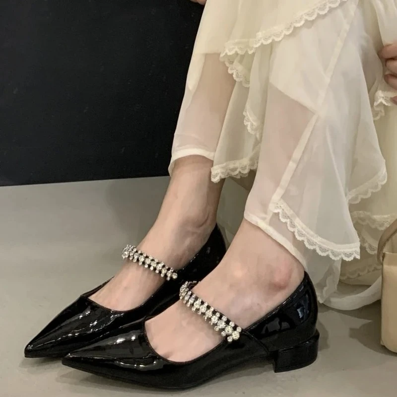 Women's Pointed Toe Rhinestone Strap Patent Leather Mary Jane Block Heel Flats,Elegant Minimalist Office Commute Casual Footwear