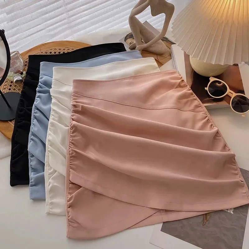 

Fashion Folds Mini Skirt Women Elegant Solid High Waist Irregular Hip Wrap Pencil Skirt Ladies Sexy Slim Pink Short Skirts New