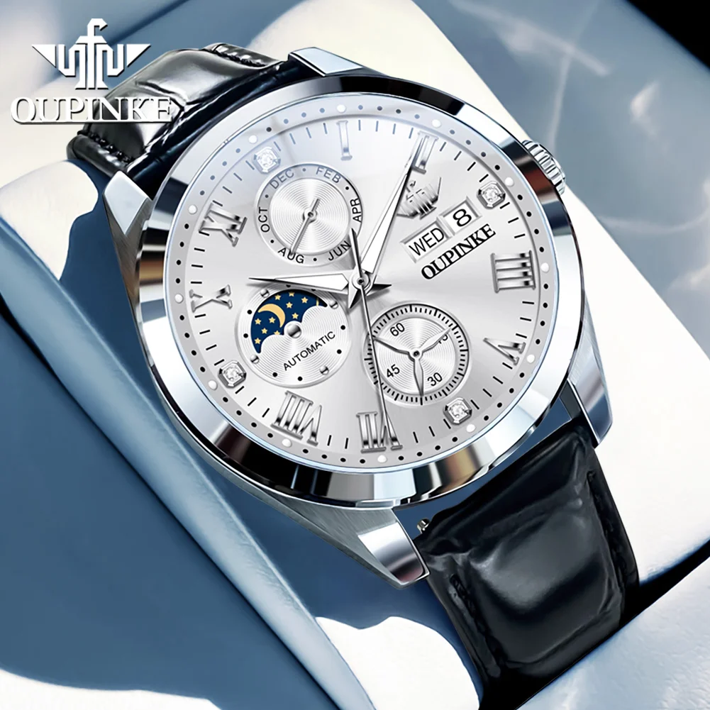 OUPINKE 3300 Men Automatic Mechanical Watch Advanced Leather Moon Phase Waterproof Calendar Timing Code Watch Men Formal Watch