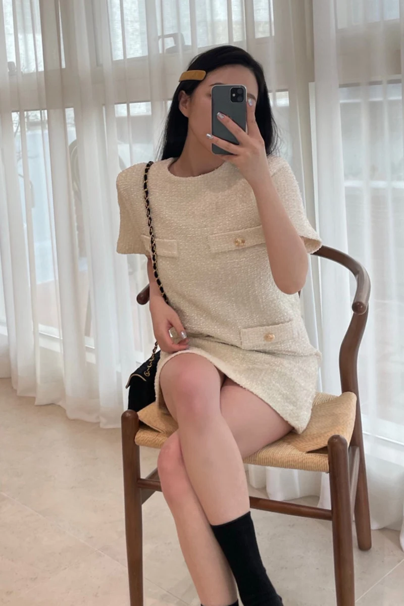 Chic Summer ort Sve Little Bla Dr Lana grossolana sciolta di media lunghezza da donna Design Sense Four kets Sle coreano rotondo...