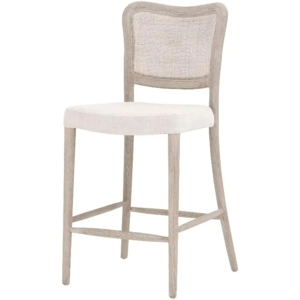 

25 Counter Stool with Bisque Beige Linen Seat, Solid Oak Frame, Natural Gray Finish, Cane Back, 40 H for Dining or Kitchen Use