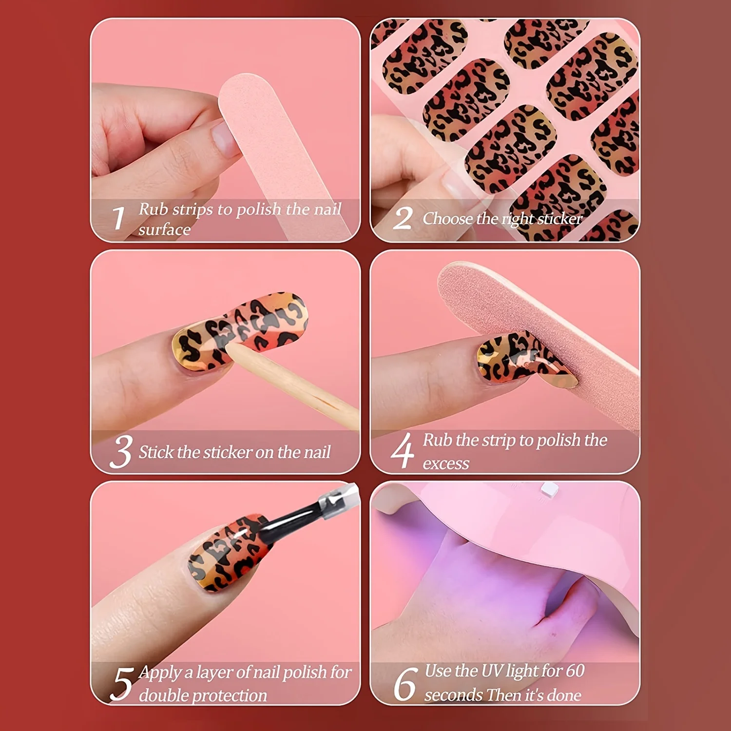 레오파드 무늬 네일 네일 반경화 젤 스티커, 큐티클 스틱 네일 파일, UV 라이트, 20 손가락