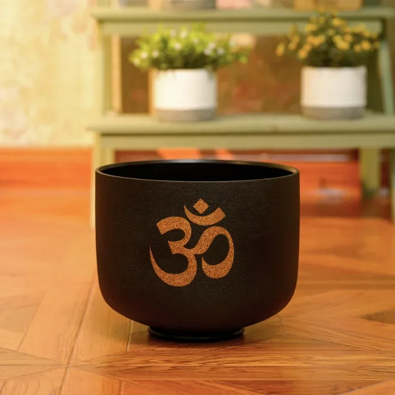8 inch black OM decal crystal bowl meditation music bowl singing bowl