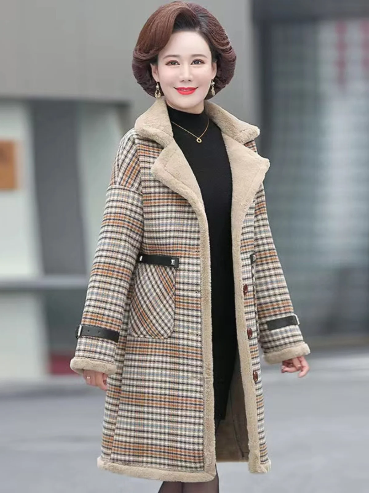 

Winter Plaid Fleece Lined Thickened Women's Open Cardigan Coat Large Size Cotton Clothes for Elderly Women Medium Length