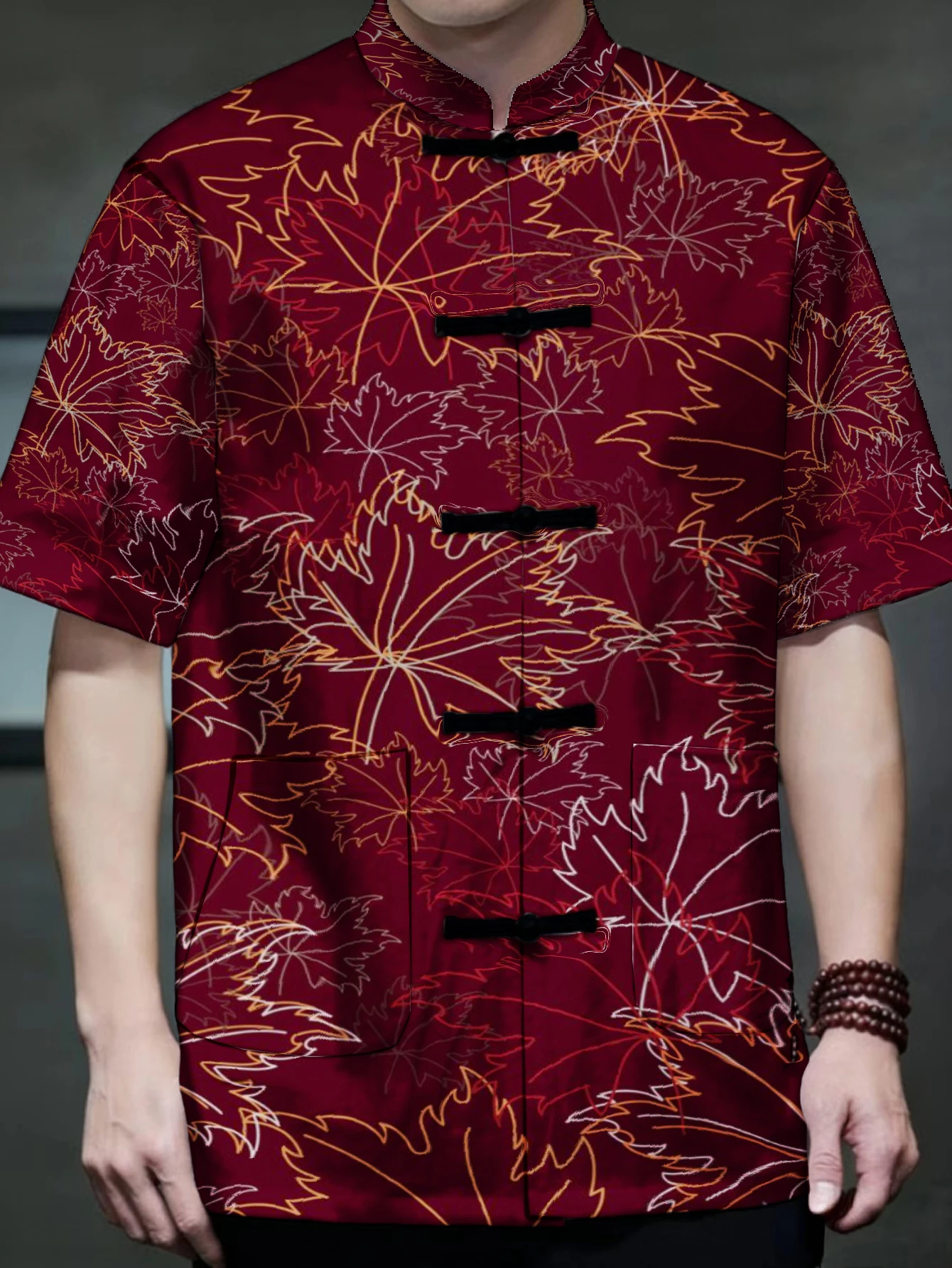 Men Mandarin Collar Frog Button Short Sleeve Shirt Cherry Starry Butterfly Maple Leaf Print Traditional Top