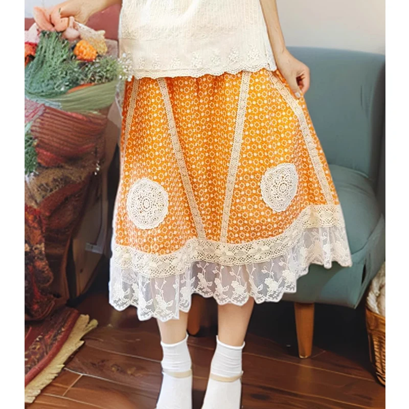 

Harajuku Mori Girl Kawaii Skirt Women Clothing Lace Stitching Bottom Contrast Color Cute Retro Half-length Midi Skirts A065