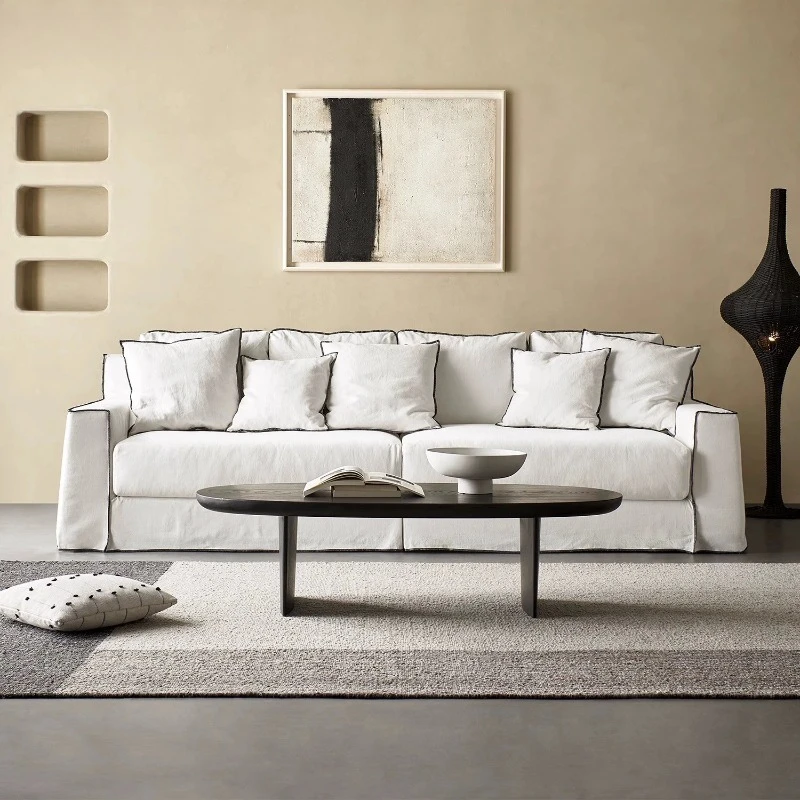 Wabi sand wind linen fabric sofa retro down three-person minimalist living room straight row Nordic