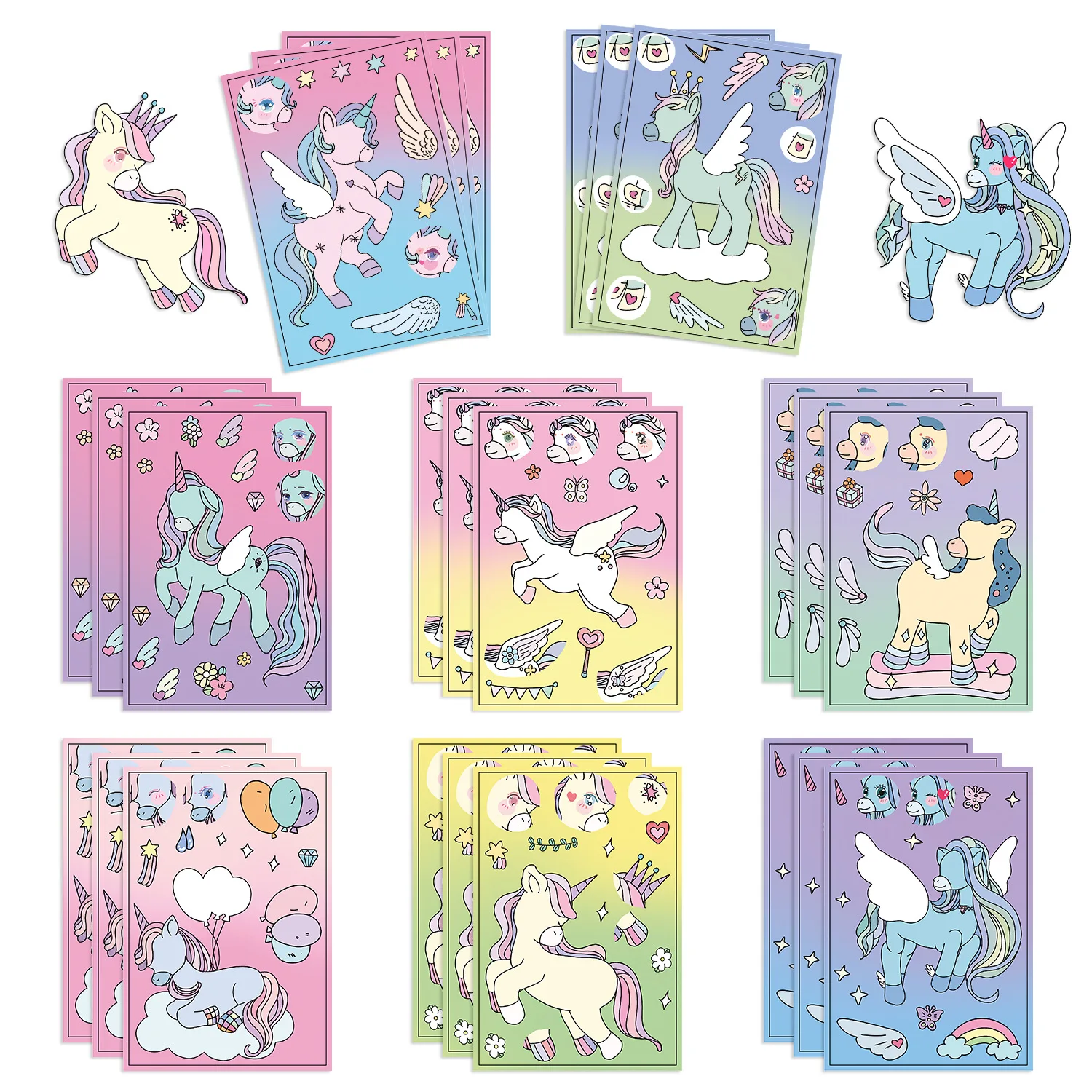 8/16/24PCS Toy Puzzle Stickers Cartoon Rainbow Horse Make a Face Stickers Handicrafts Waterproof Decorative Stickers
