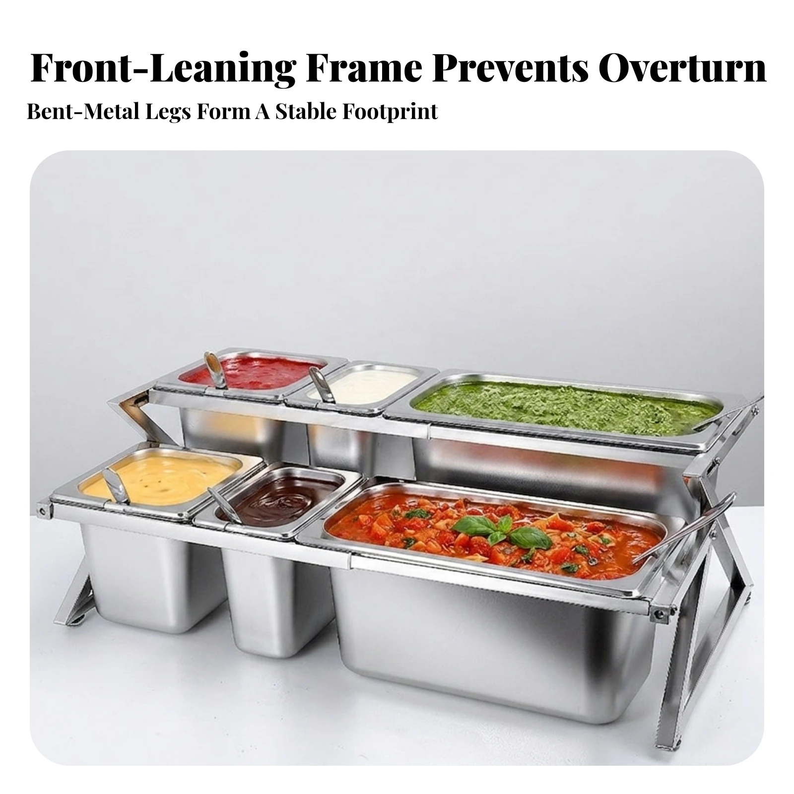 Condiment Holder with Pans Stainless Steel Topping Station with Insert Pans Estación De Toppings Con Tapas Freestanding