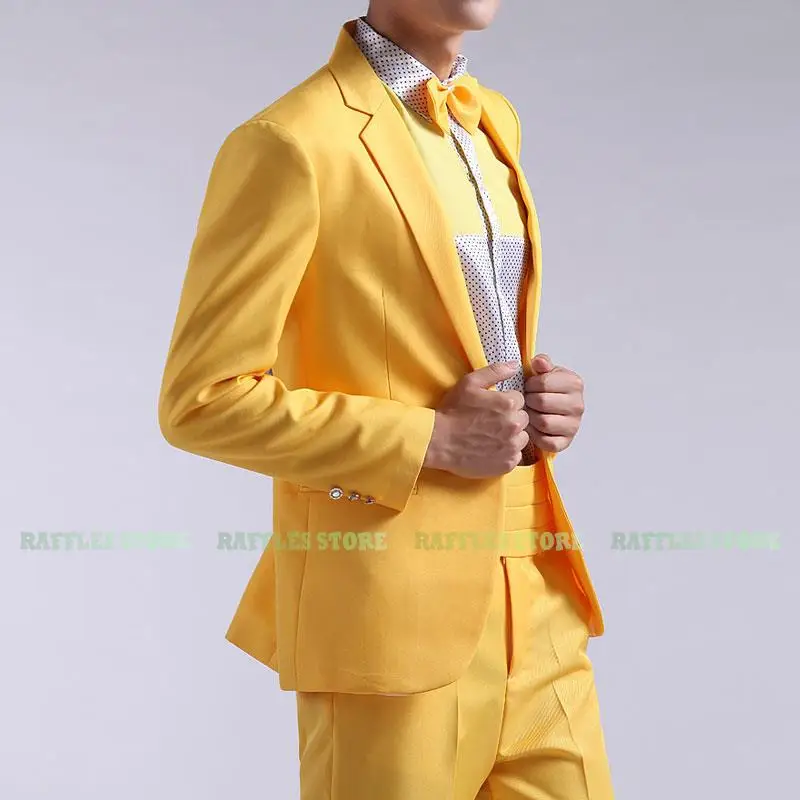 Mens Suit New Long-sleeved Men\'s Suits Pants Hosted Theatrical Tuxedos Wedding Prom Male Red Yellow Blue Formal Regular Clothes