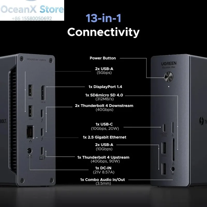 13-in-1 USB4 Docking Station 40Gbps, Dual 4K 60Hz / Single 8K Video Output, 90W PD Charging for Notebook