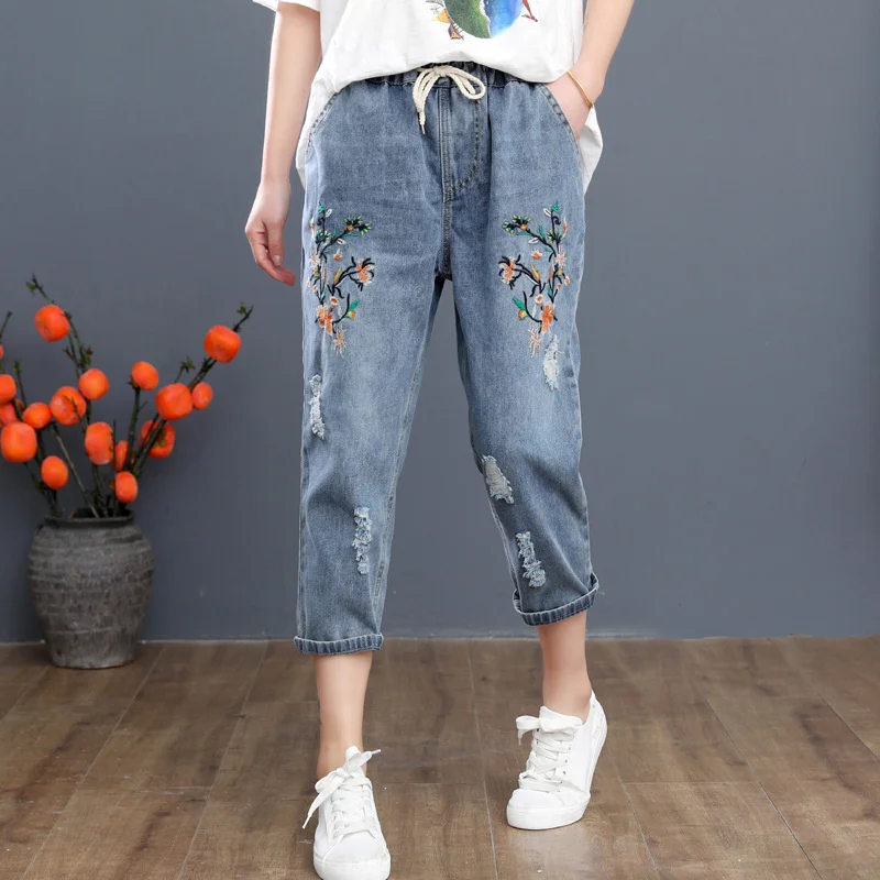 Vintage Capris Jeans Boyfriend Baggy Jeans For Women Feminino High Waist Blue Embroidered Harem Denim Pants 3XL