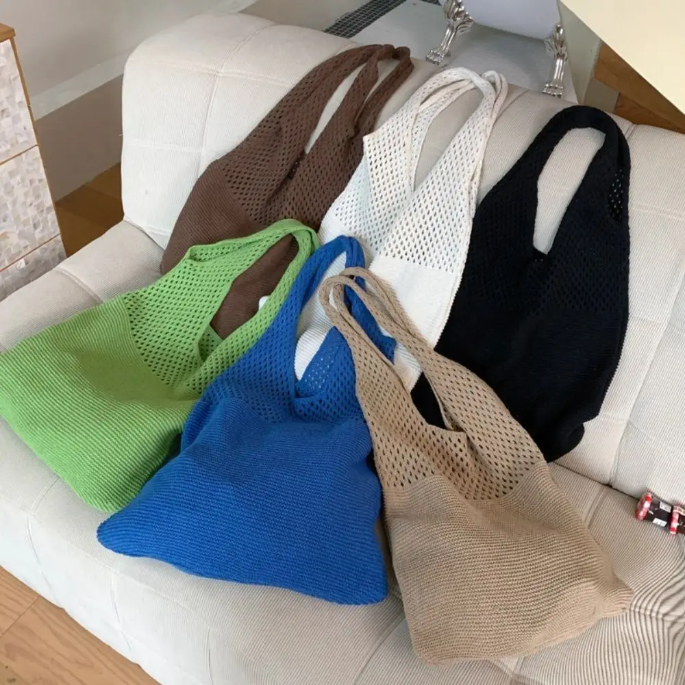 

Solid Color Knitting Shoulder Bag Hollow Out Large Capacity Bohemian Crochet Tote Bag Versatile Casual Woven Handbag Beach