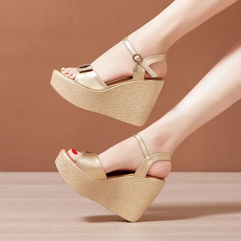 2024 New Open Head Platform Sandals Women Shoes 2024 Bow High Heels Wedges Sandals Ladies Elegant Office Sandals Gold