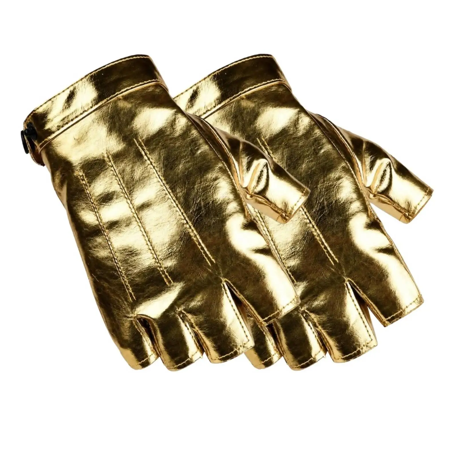 Gold Half Finger Gloves for Men PU Leather Three Line Stitching Motorcycle Biking Driving Fingerless Glove